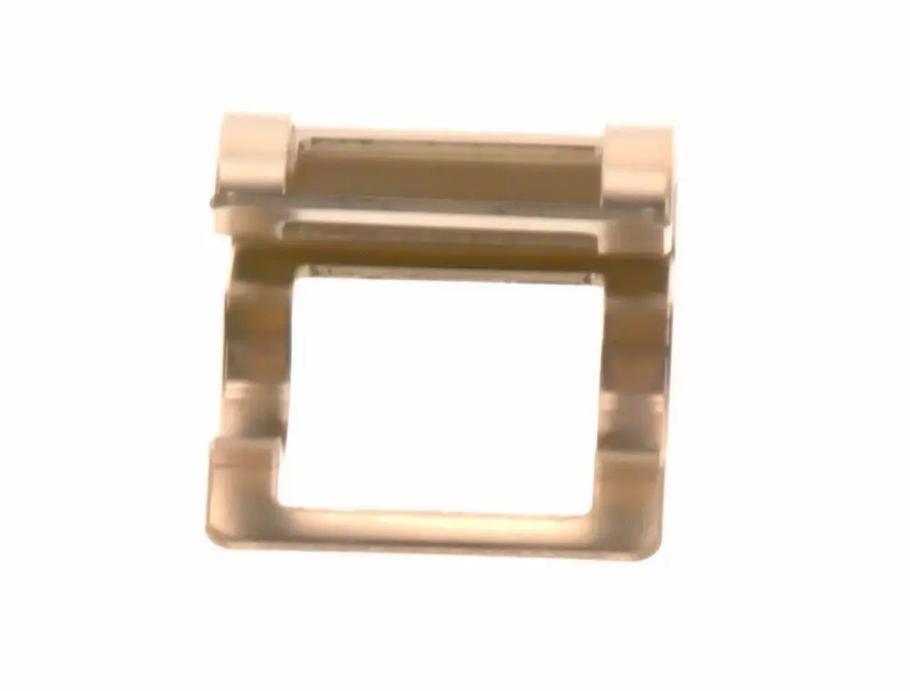 Transparente Klammer von Bosch mit rechteckiger Öffnung. Das Design ermöglicht einfaches Einhängen oder Fixieren von Gegenständen.
